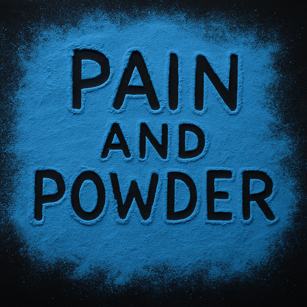 **Alt Description:** A dark tabletop is dusted with vibrant blue powder, with the words “Pain and Powder” traced into the surface as if written by a finger, revealing the black surface beneath. The surrounding powder is unevenly scattered, creating a raw, expressive, and emotionally charged visual.