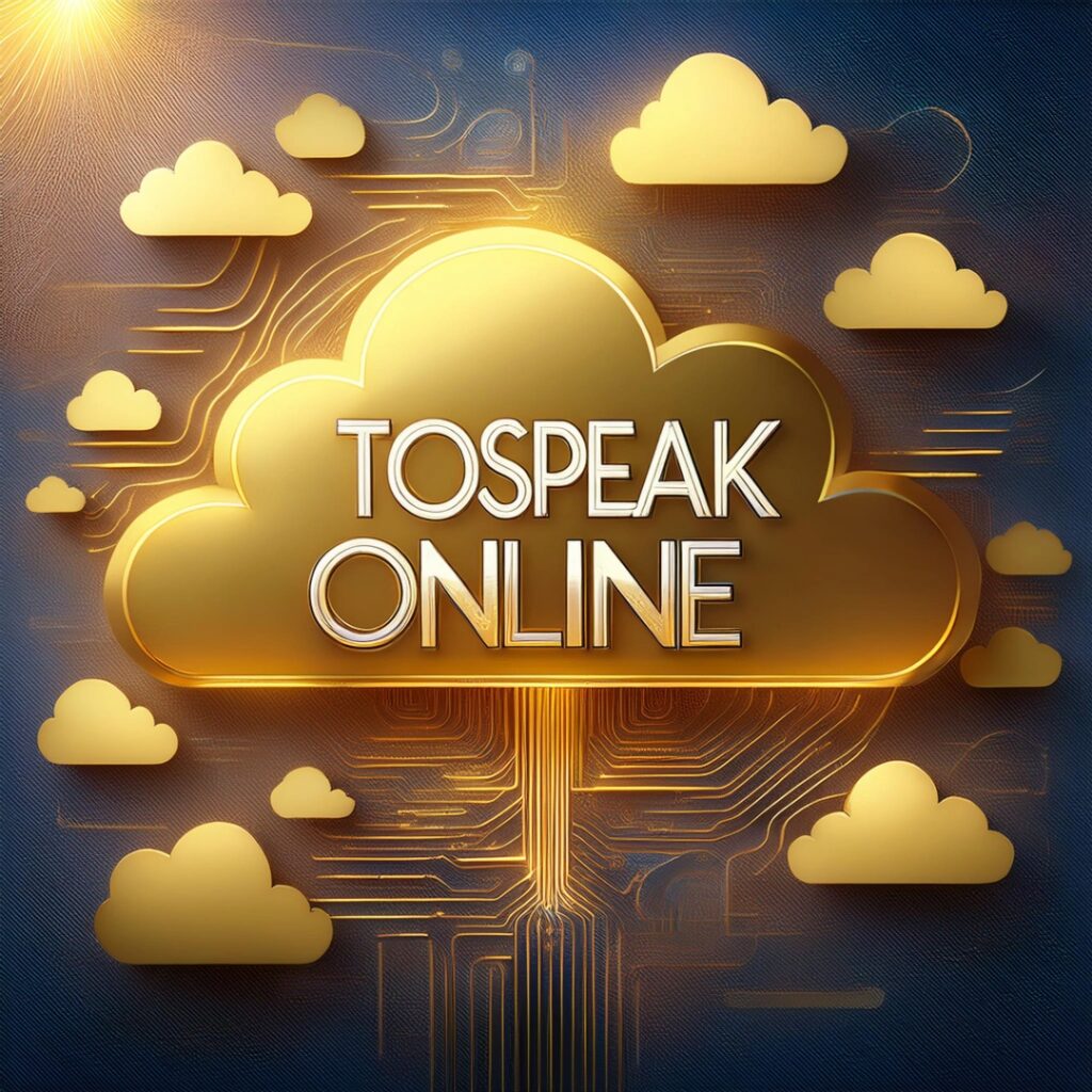 Logo - To Speak Online To Speak Online Logo, A gold cloud centered with To Speak Online overlayed on it. Blue background, with smaller gold clouds around the center, with golden circuitry coming from the clouds.
