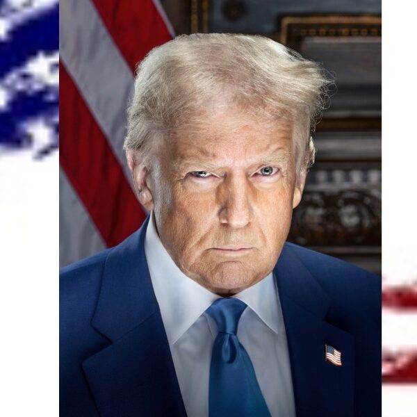 Digitally enhanced portrait of Donald Trump in a navy suit with an American flag pin, set against a patriotic background of red, white, and blue. The stern expression and lighting evoke campaign-style imagery with nationalist undertones.