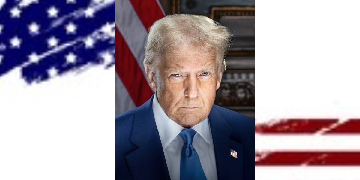 Digitally enhanced portrait of Donald Trump in a navy suit with an American flag pin, set against a patriotic background of red, white, and blue. The stern expression and lighting evoke campaign-style imagery with nationalist undertones.