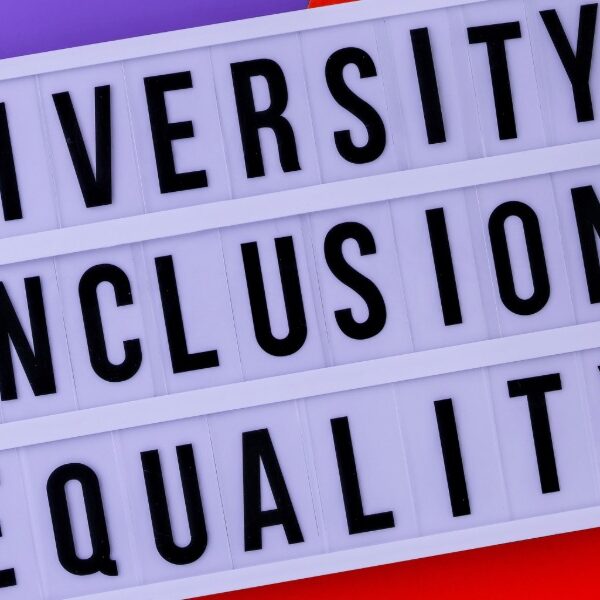 Bold black text on a white lightbox spells out 'Diversity, Equity, Inclusion' against a vibrant split background of purple and red—symbolizing unity through contrast and the core values of social justice and representation.