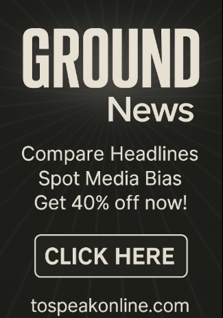 Dark-themed digital advertisement for Ground News featuring a bold, light-colored "GROUND News" logo at the top, set against a subtle radial burst background. Below the logo, white text reads: “Compare Headlines, Spot Media Bias, Get 40% off now!” A prominent outlined button labeled “CLICK HERE” invites interaction, with the website "tospeakonline.com" displayed at the bottom in clean, white sans-serif font.