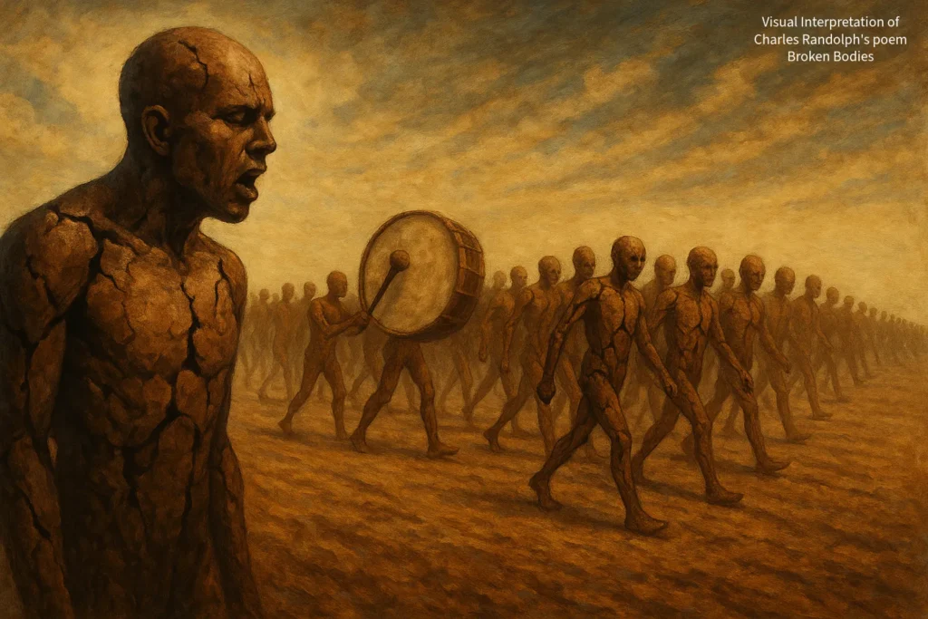 Broken Bodies – To Speak Online A haunting visual echo of Broken Bodies by Charles Randolph—this artwork captures a cracked, resilient march of words turned flesh, united by voice and drum.
