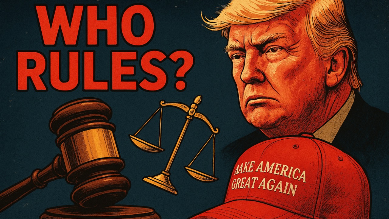 Graphic artwork depicting Donald Trump confronting the justice system, featuring a gavel, unbalanced scales, and a MAGA hat under the provocative title "Who Rules?"—highlighting the clash over judicial legitimacy and political power in the U.S. and how Donald Trump continues to weaponize the term Activist judge