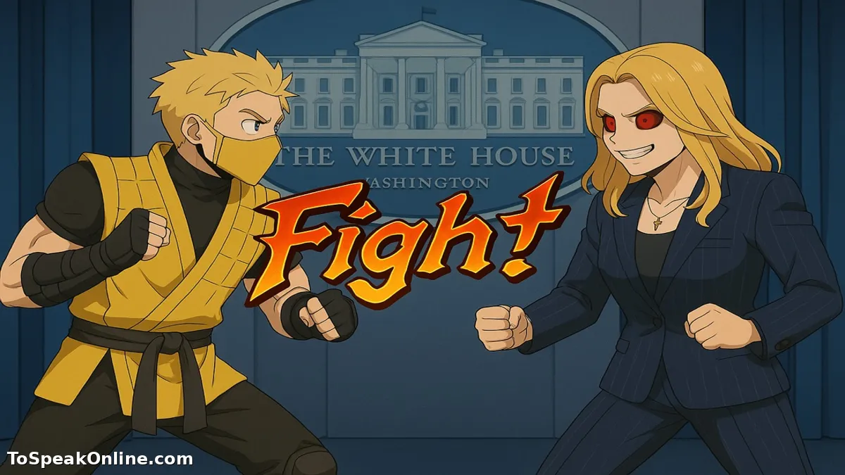 Charles Randolph and Karoline Leavitt face off in a satirical meme showdown in front of the White House, symbolizing the clash between media literacy and misinformation.
