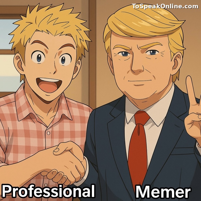Professional Memer – To Speak Online Anime-style meme featuring a cheerful Charles Randolph shaking hands with Donald Trump labeled “Professional Memer,” visually highlighting the blend of internet meme culture with media literacy themes.