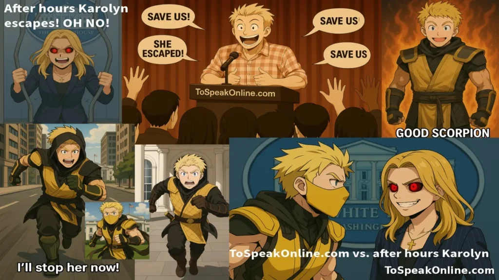 Karoline Leavitt Escapes – To Speak Online Anime-style meme featuring Charles Randolph and Karoline Leavitt as exaggerated characters in a dramatic face-off, used to explore themes of meme culture and media literacy in political communication.