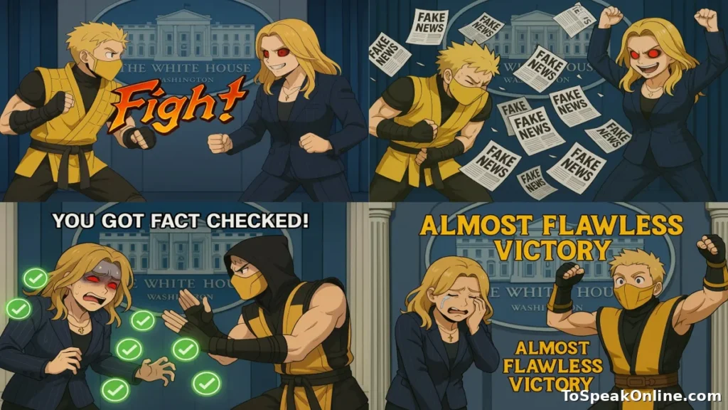 Charles Randolph and Karoline Leavitt Face-Off – To Speak Online Meme battle between Charles Randolph and Karoline Leavitt portrayed as video game-style fighters. The scene satirizes media narratives and highlights the role of fact-checking in media literacy education.
