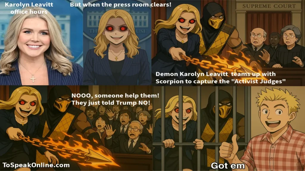 Karoline Leavitt goes after "Activist Judges" – To Speak Online Karoline Leavitt is shown behind bars while Charles Randolph locks the cell, surrounded by educational satire and callouts to “activist judges.” A meme commentary on civic accountability and media literacy.