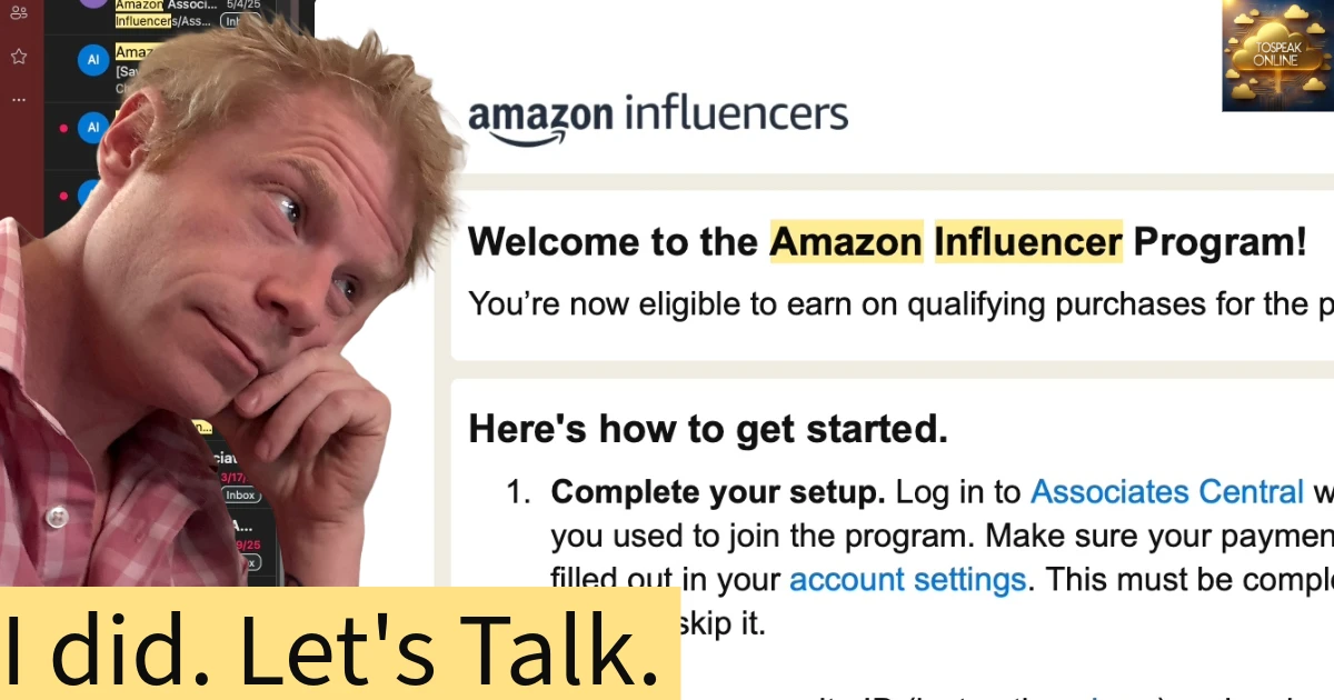 Charles Randolph points skeptically at an email titled “Welcome to the Amazon Influencer Program,” illustrating the ironic premise of his article “I’m an Amazon Influencer—And I’m Not Proud of It,” a personal critique of influencer culture, algorithmic engagement, and the loss of earned authority.