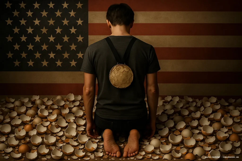 Flagged Shells – To Speak Online A person kneels barefoot on a floor of broken eggshells, wearing a cracked gold medal, in front of an American flag. This visual metaphor represents Charles Randolph's poem The Great American Trauma Olympics, critiquing the national glorification of performative trauma.
