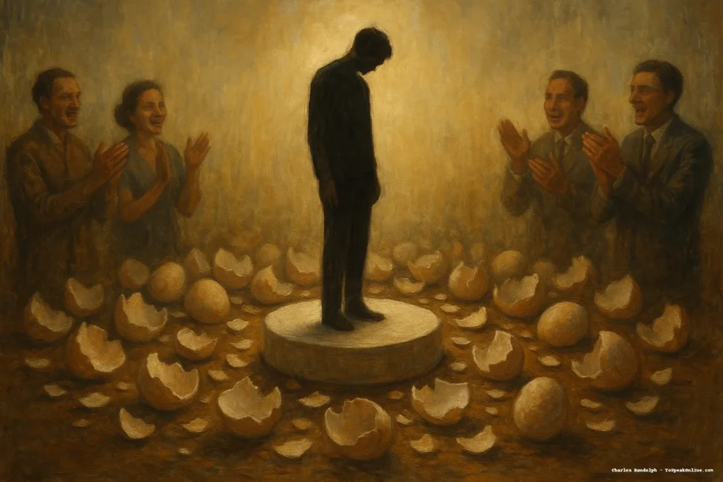 Podium and Eggshells – To Speak Online A dark figure stands on a podium surrounded by broken eggshells as smiling people applaud from both sides. This image conceptualizes Charles Randolph's poem The Great American Trauma Olympics, highlighting the spectacle of suffering and the cultural praise for visible fragility.