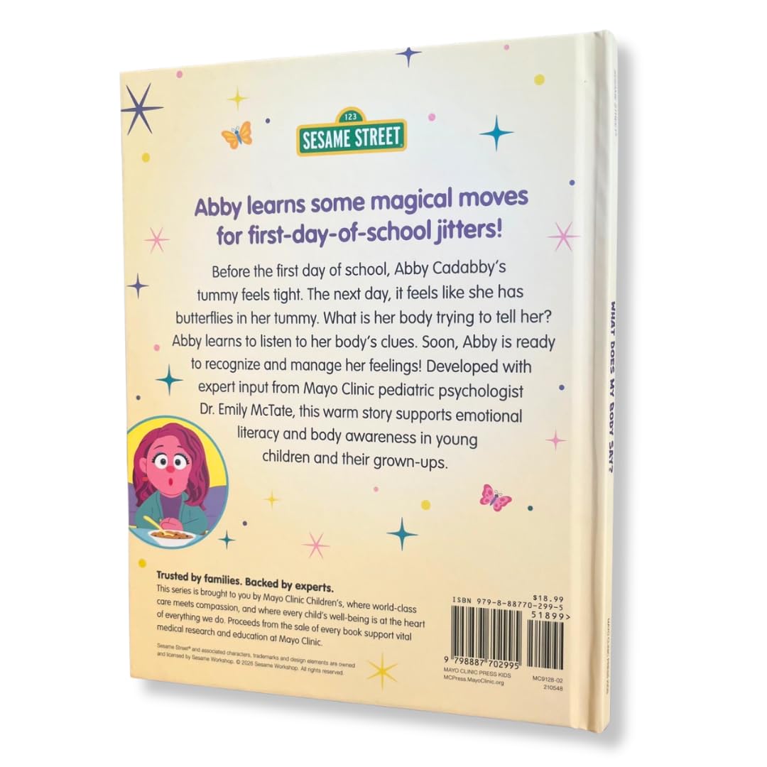 Version 100 – To Speak Online Back cover of a Sesame Street kids' book about Abby learning moves, with pastel stars and a cartoon girl illustration bottom left.