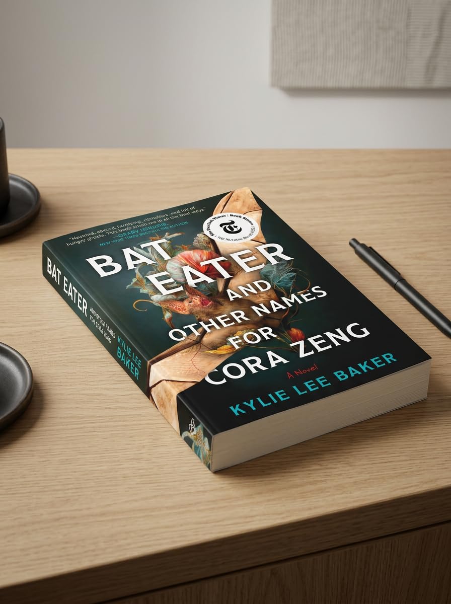 Version 100 – To Speak Online A hardcover novel titled 'Bat Eater and Other Names for Cora Zeng' lying on a wooden desk beside a black pen and a coaster.