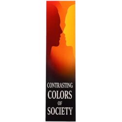Tall vertical poster with a red-to-orange-to-black gradient and the words 'CONTRASTING COLORS' running downward.