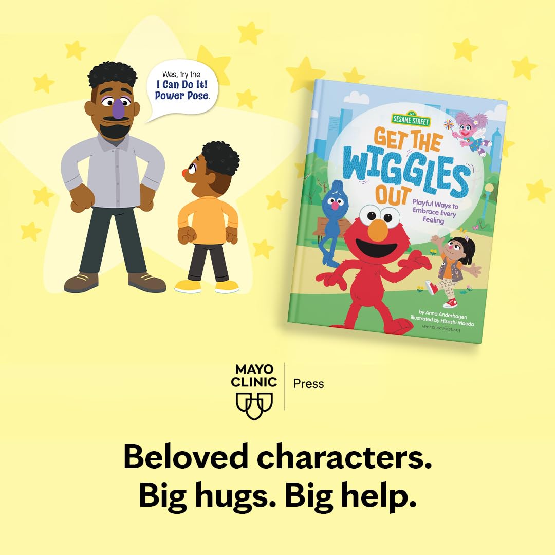 Version 100 – To Speak Online Promotional illustration: two cartoon characters stand left, a tilted 'Get the Wiggles Out' kids’ book to the right, with Mayo Clinic Press branding below.