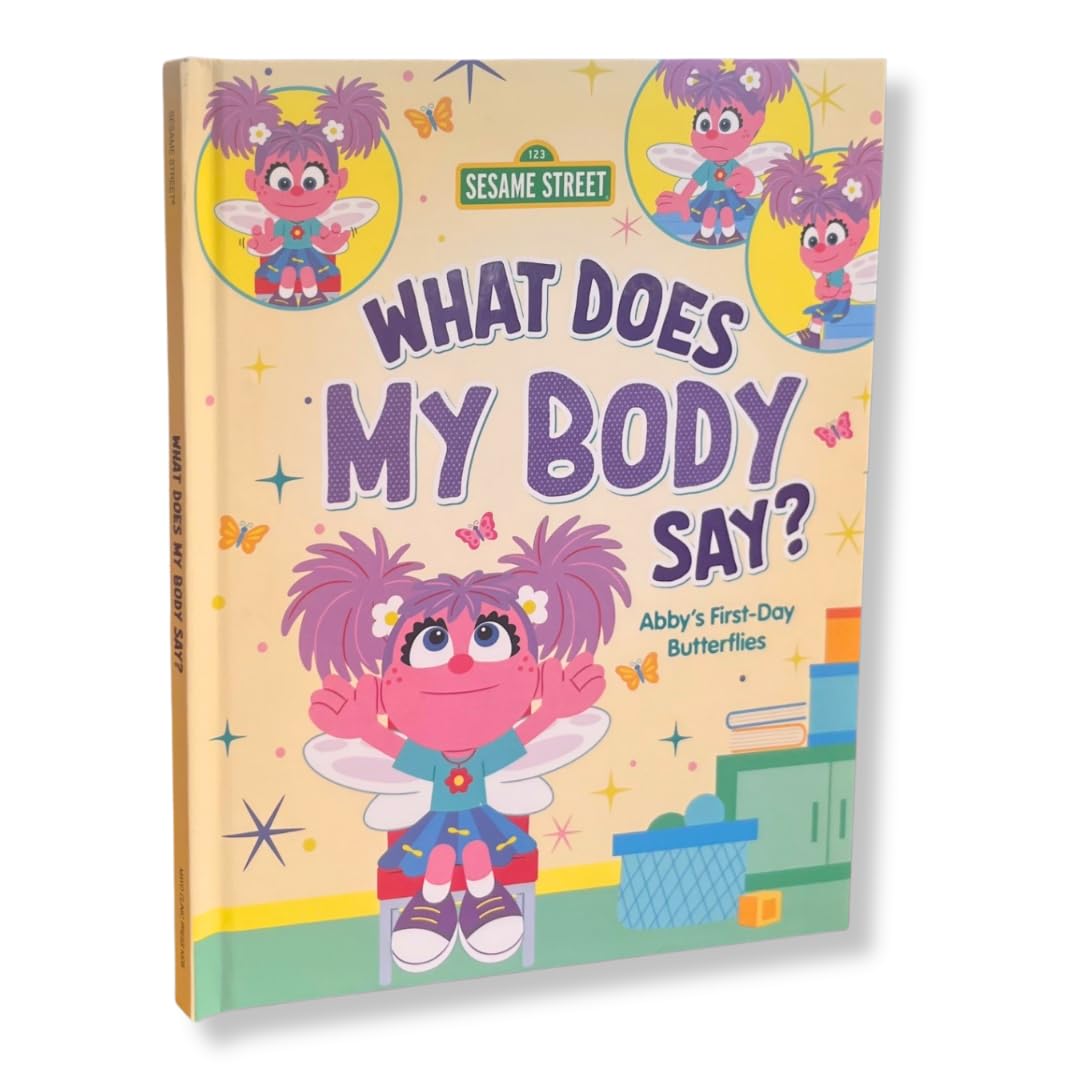 Version 100 – To Speak Online Sesame Street children’s book cover: 'What Does My Body Say?' with a pink character with purple hair and wings, butterflies, and pastel classroom decor.