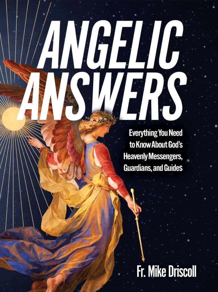 Version 100 – To Speak Online Book cover for 'Angelic Answers' showing a golden-winged angel in a flowing robe against a starry night, with the subtitle about God’s heavenly messengers; Fr. Mike Driscoll.