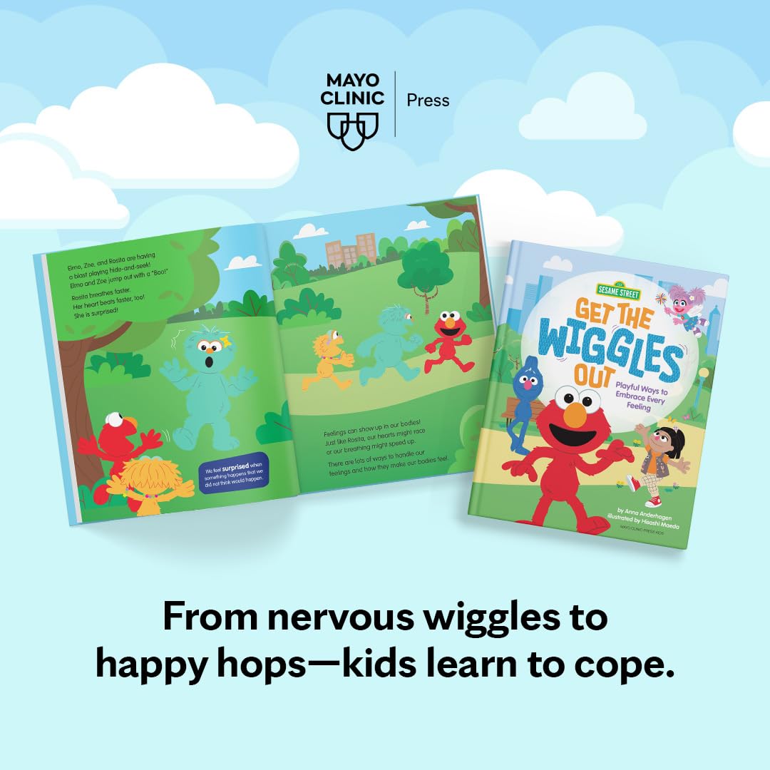 Version 100 – To Speak Online Mayo Clinic Press banner with Sesame Street's Get the Wiggles Out book and open illustrated pages on a blue sky background.