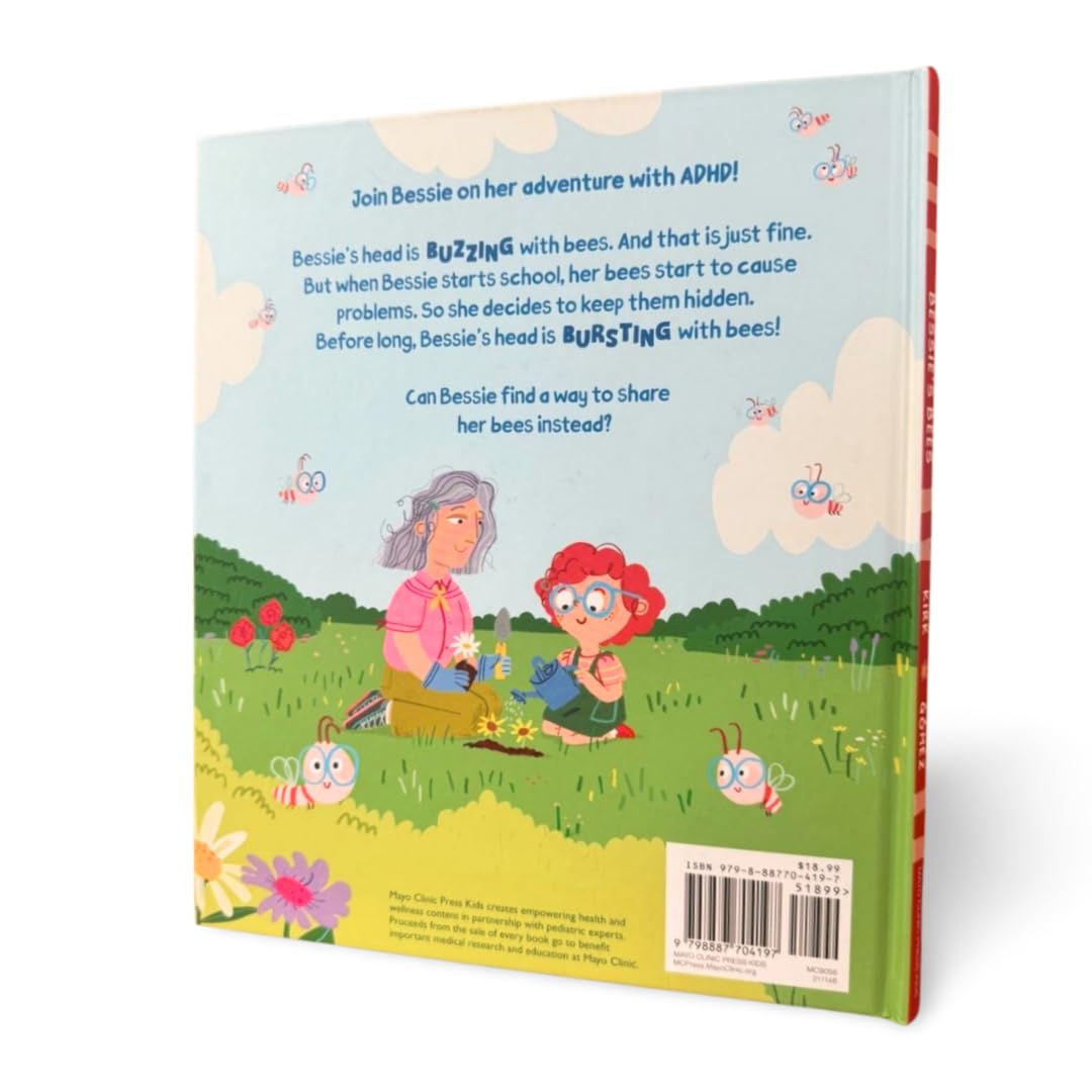 Version 100 – To Speak Online Back cover of a children's book: two people gardening in a sunny meadow with smiling bees and colorful flowers; includes ADHD-themed text on top.