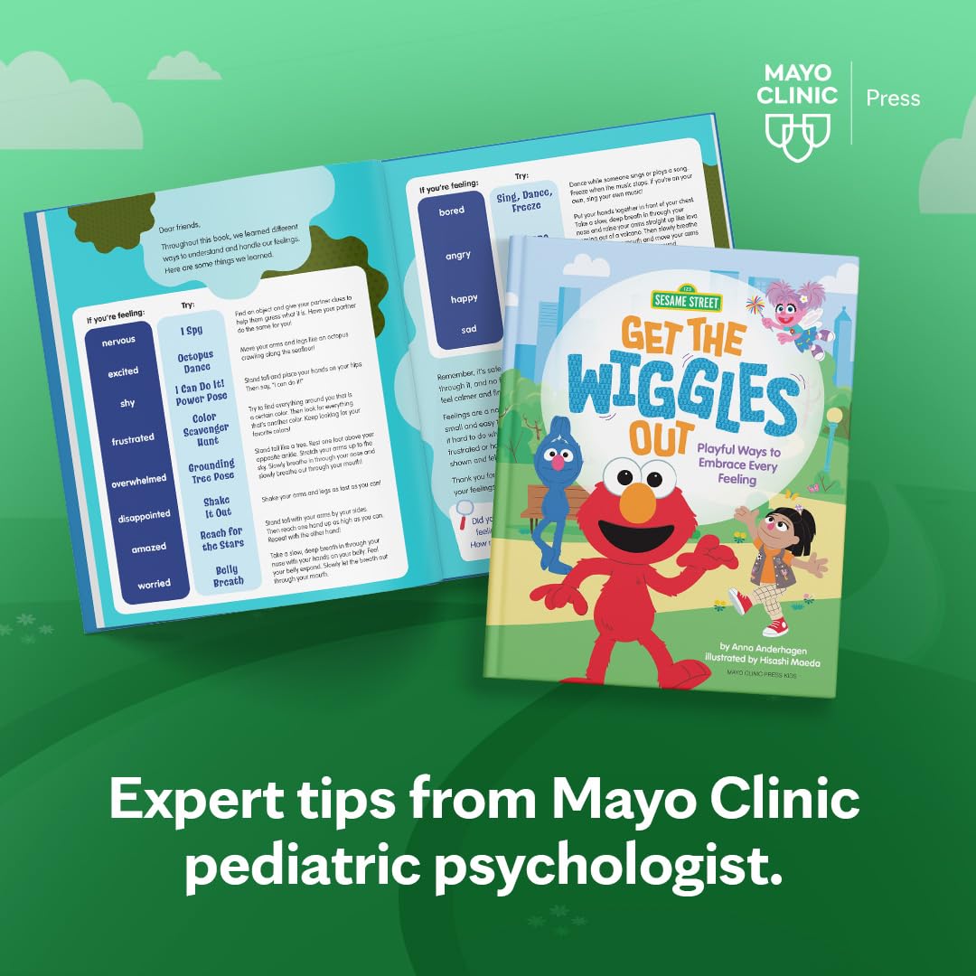 Version 100 – To Speak Online Promotional image for Mayo Clinic pediatric psychology tips, featuring the kids' book 'Get the Wiggles Out' and open activity pages on a green gradient background.