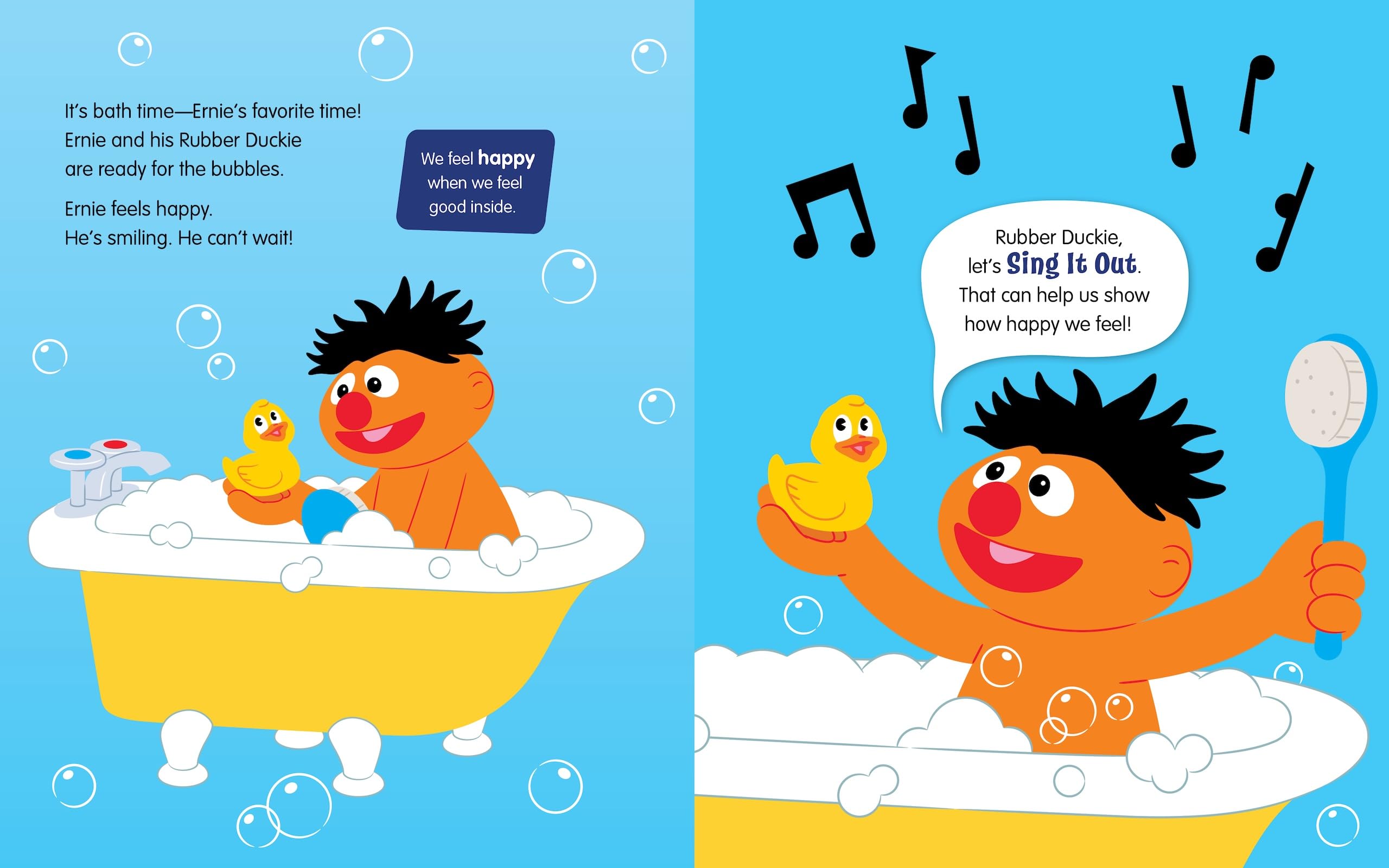 Version 100 – To Speak Online Two-page spread: Ernie in a bubbly bathtub with a yellow rubber duck, blue background and bubbles; right page shows musical notes and a speech bubble.