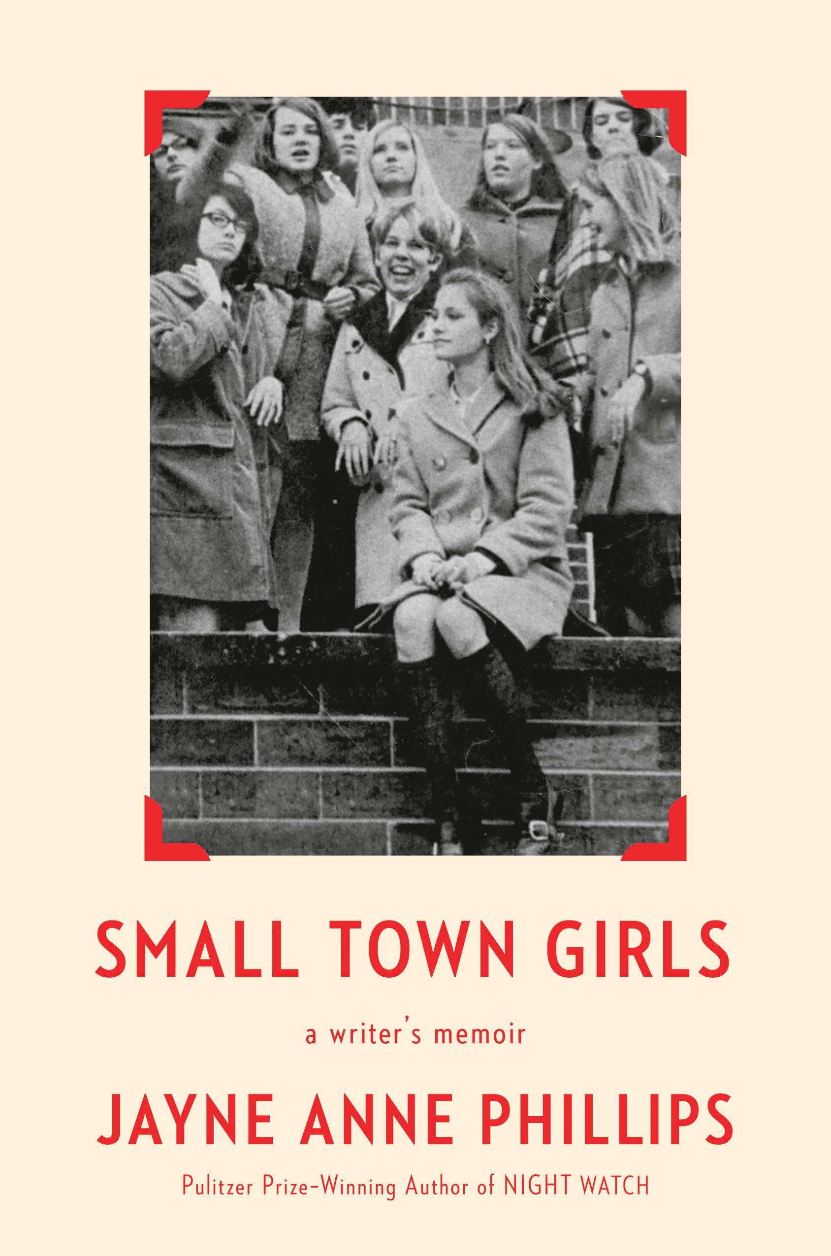 Version 100 – To Speak Online Book cover for Small Town Girls by Jane Anne Phillips; vintage photo of young women in coats gathered on steps, beige background with red corner accents.