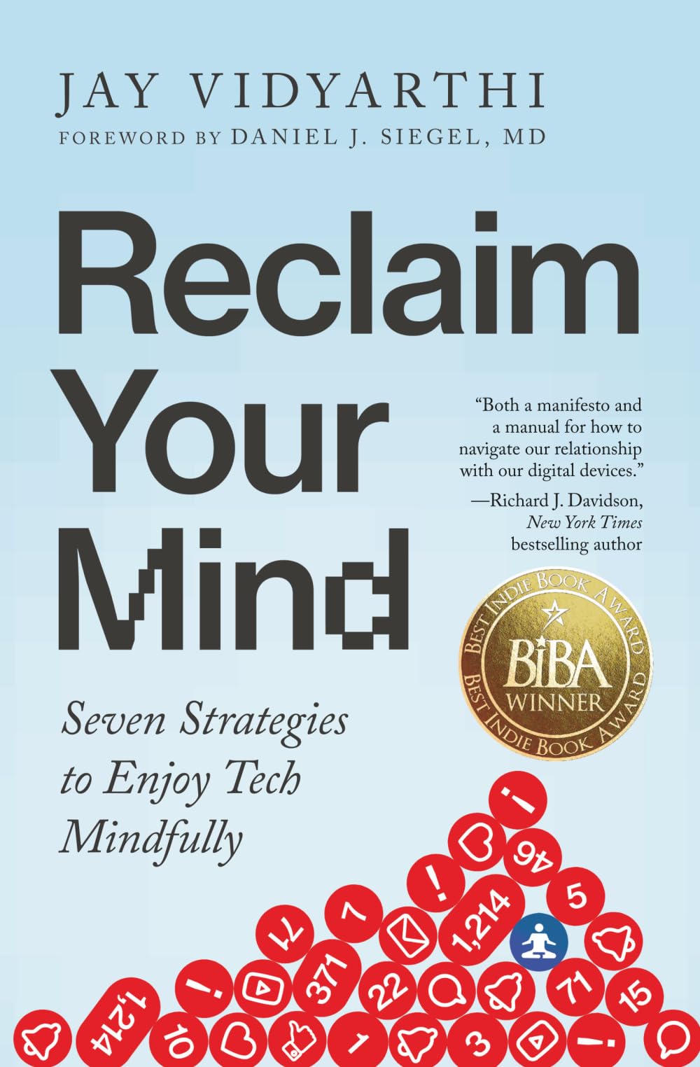 Version 100 – To Speak Online Book cover for 'Reclaim Your Mind' by Jay Vidyarthi; subtitle 'Seven Strategies to Enjoy Tech Mindfully' with a BiBA award seal on a light blue background.