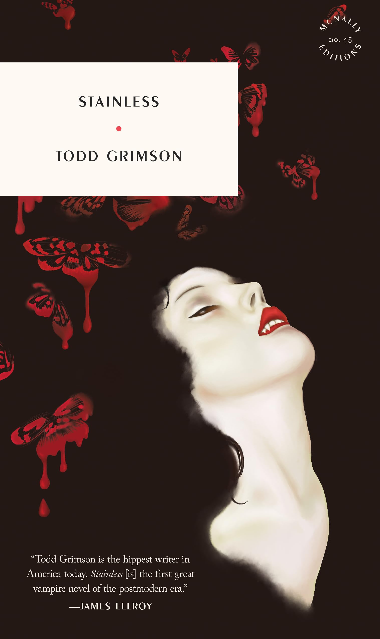 Version 100 – To Speak Online Book cover: pale woman’s face tilts upward against a dark background with red butterflies; a cream rectangle displays 'STAINLESS' and 'TODD GRIMSON'.