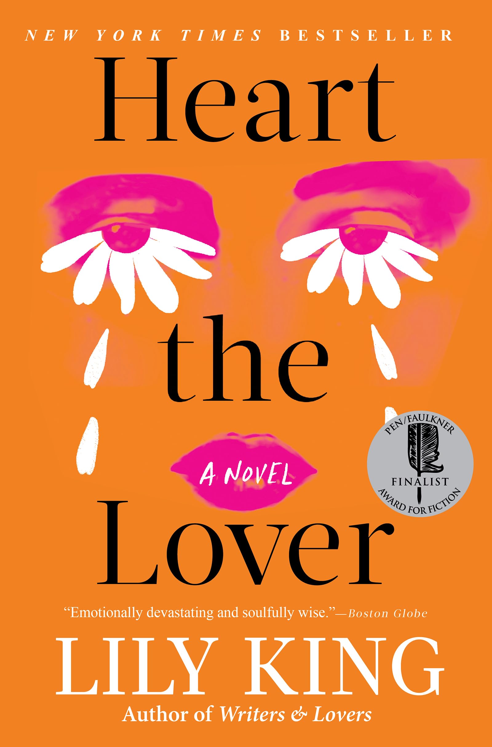 Version 100 – To Speak Online Book cover for Lily King's novel: bold black title on an orange background with white daisy-like shapes and a Finalist badge visible.