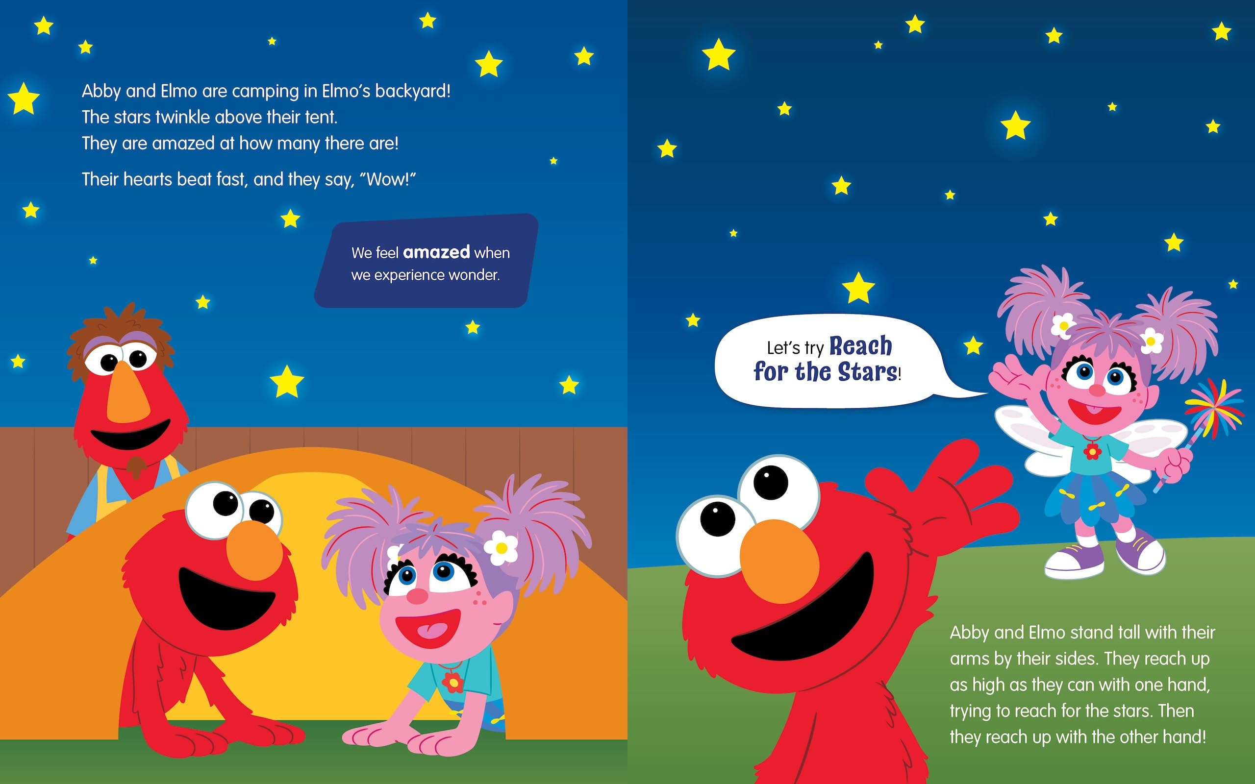 Version 100 – To Speak Online Elmo and Abby stand at night with yellow stars; a spacey scene invites reaching for the stars. Text blocks describe their campout and wonder.