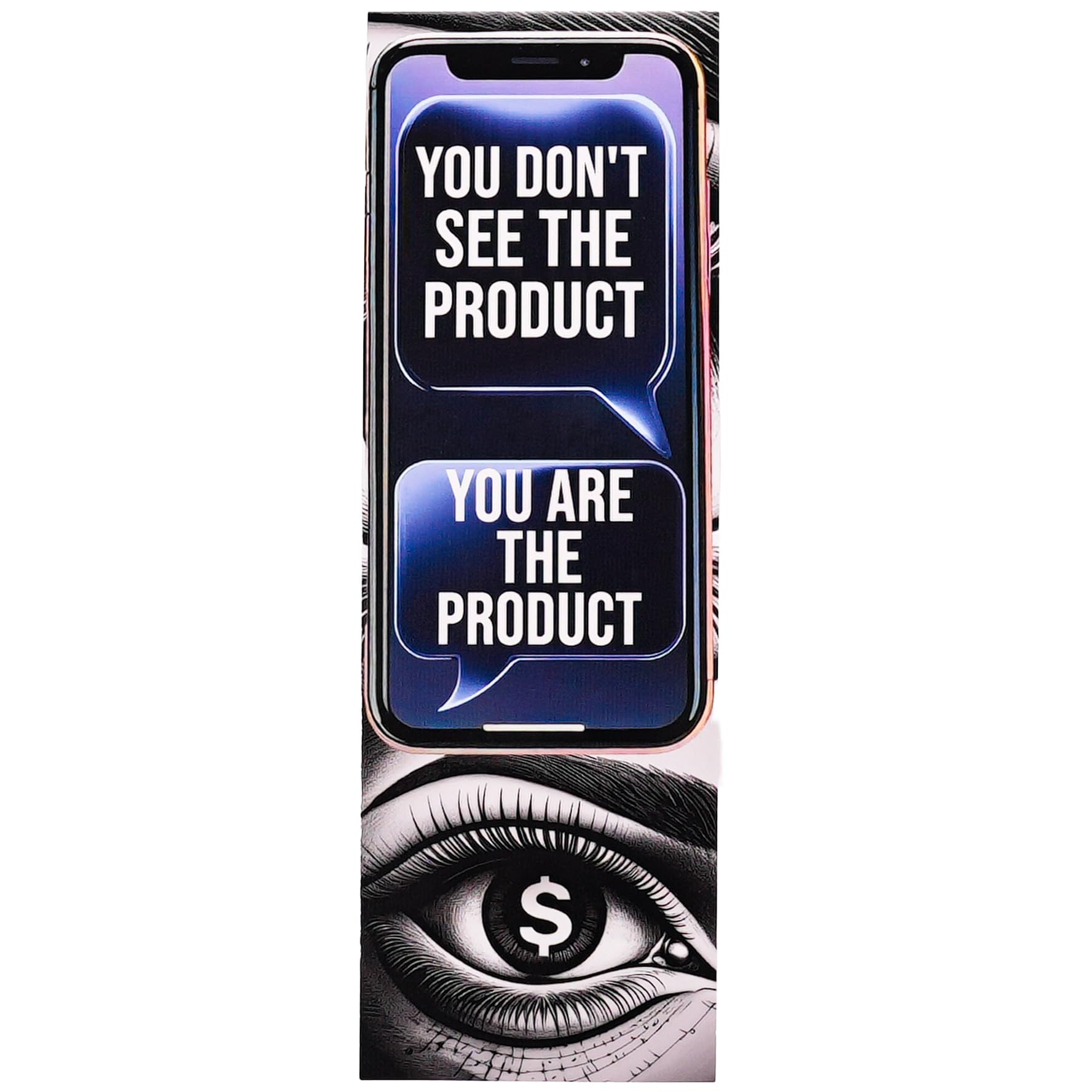 Version 100 – To Speak Online Vertical banner with a smartphone screen showing the message 'YOU DON’T SEE THE PRODUCT' and a large eye illustration above it.