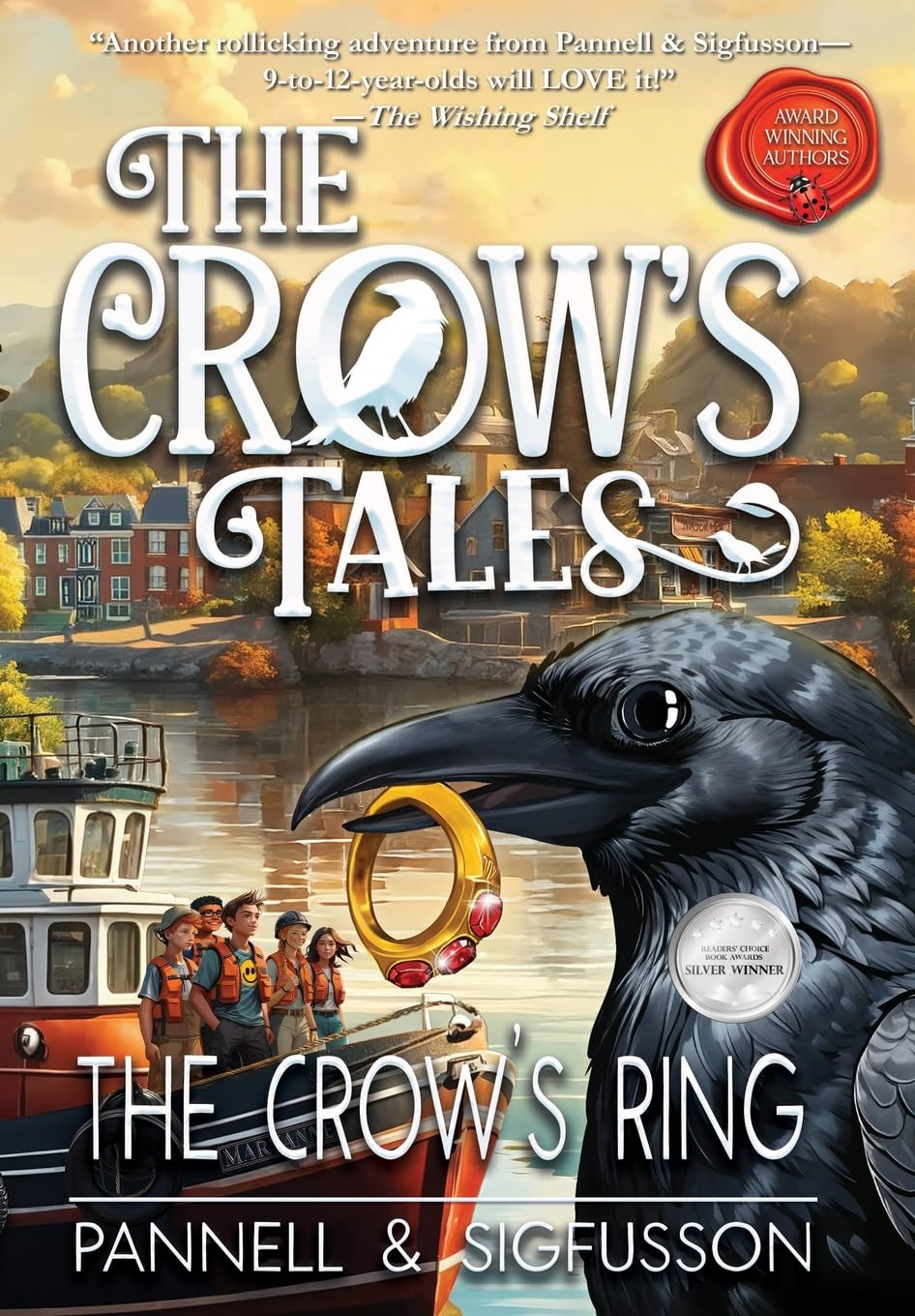 Version 100 – To Speak Online Book cover for The Crow's Tales: The Crow's Ring, featuring a black crow with a gold ring in its beak, a river town, and a group of kids by a boat.