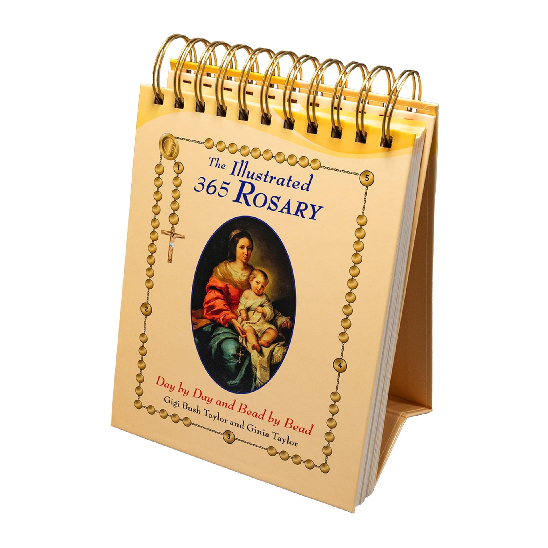 Version 100 – To Speak Online Spiral-bound devotional book titled The Illustrated 365 Rosary with a bead chain border and devotional image on the cover.