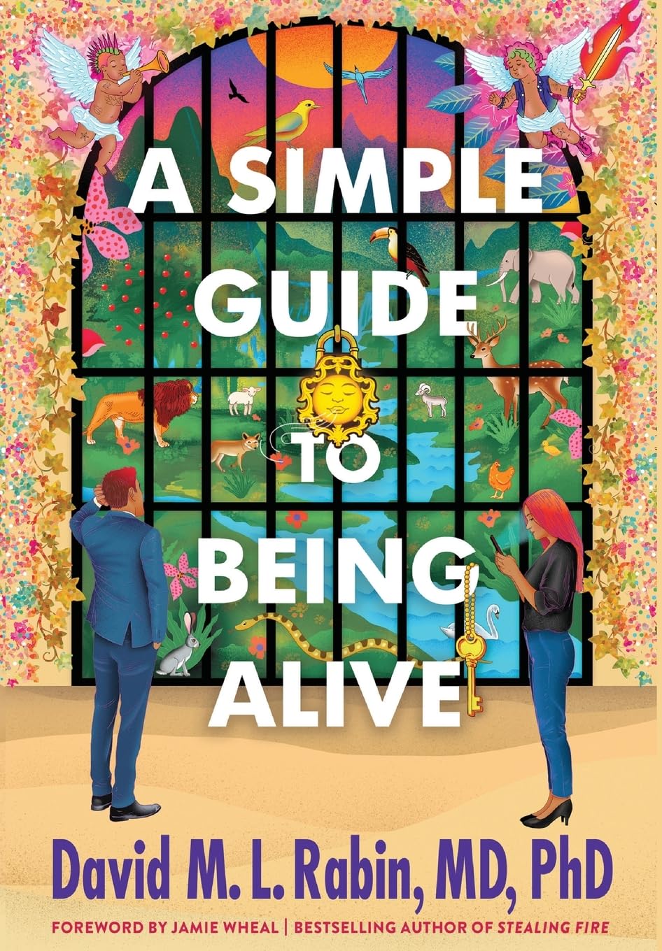 Version 100 – To Speak Online Book cover with a vibrant grid window displaying a jungle scene; two people stand at sides, looking in, title 'A Simple Guide to Being Alive' across the panes, author name at bottom.