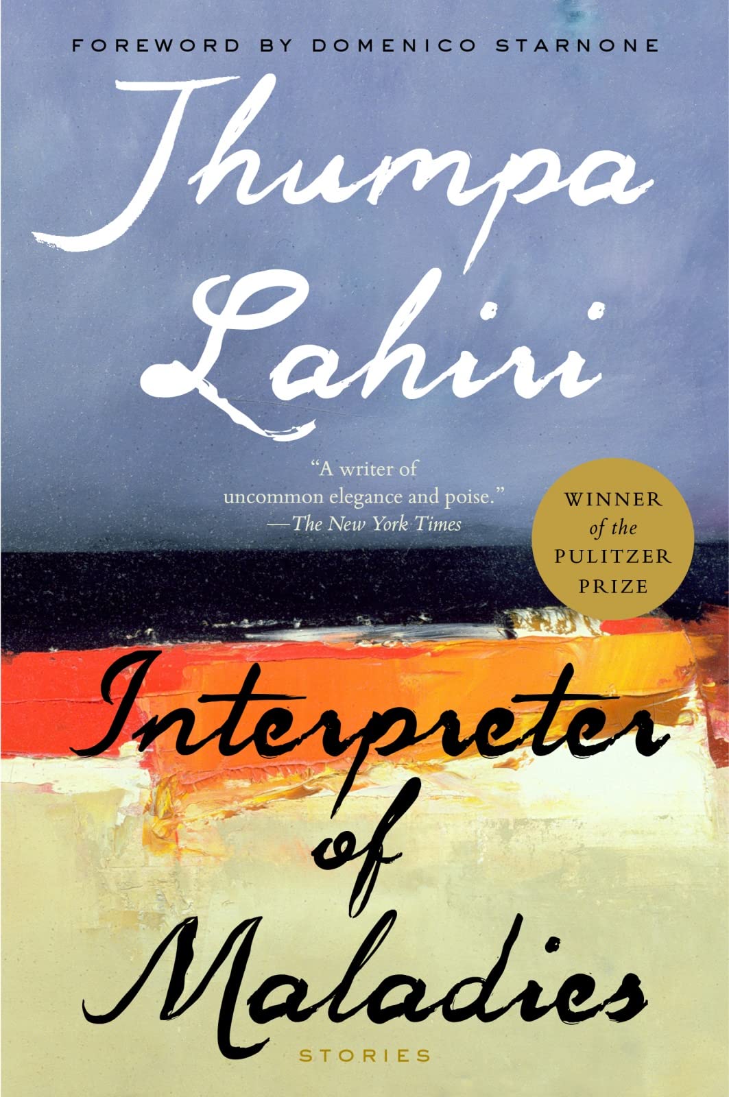 Version 100 – To Speak Online Cover of Jhumpa Lahiri's Interpreter of Maladies: Stories, with a blue upper half, abstract colorful lower half, and a gold Pulitzer badge highlighting the award.