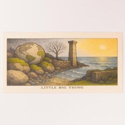 Framed landscape illustration of rocky shore, trees, and a bright sun on the right, reading 'LITTLE BIG THING' below.