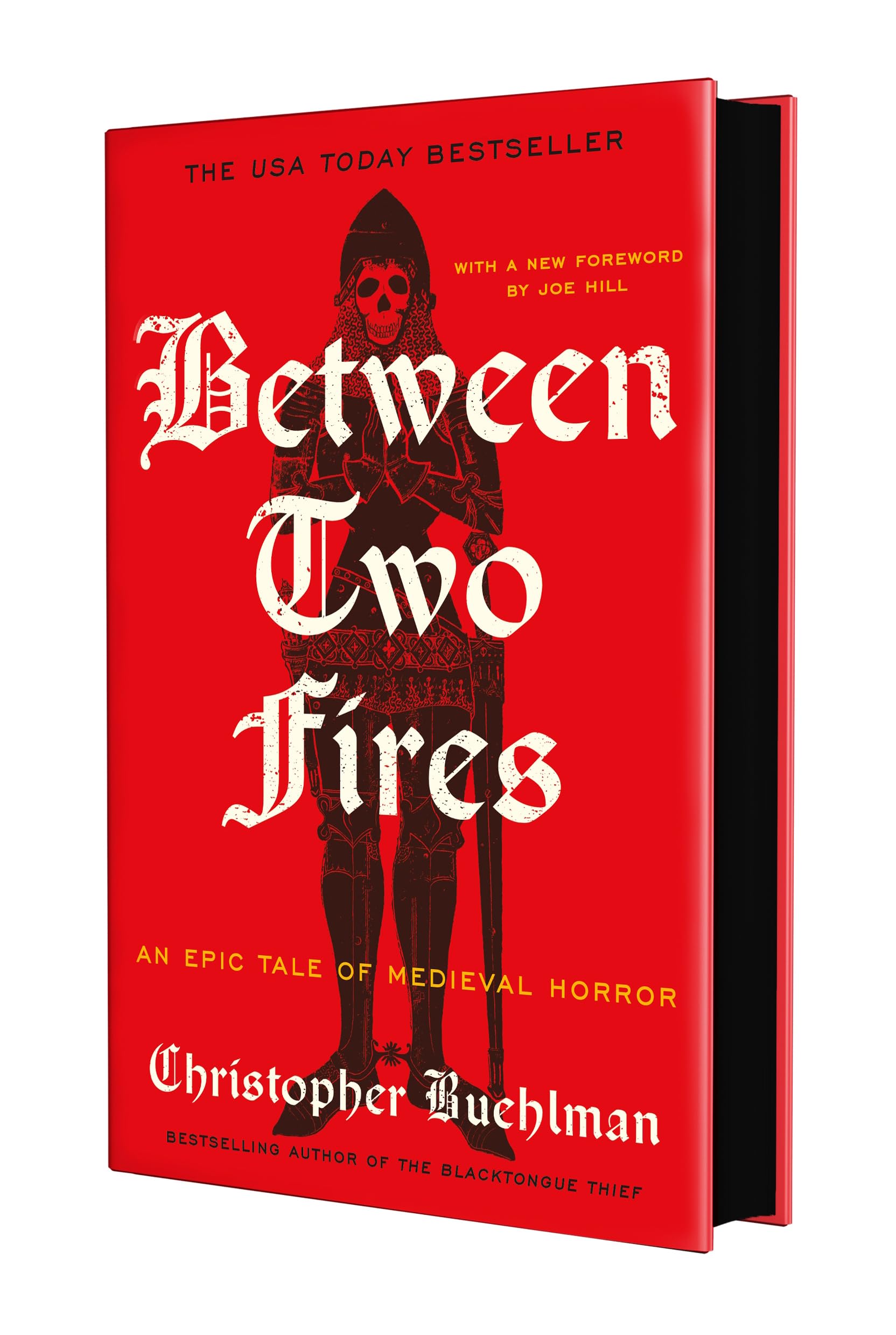 Version 100 – To Speak Online Book cover for 'Between Two Fires' in red with a skeletal armored figure and white gothic title text across the front.