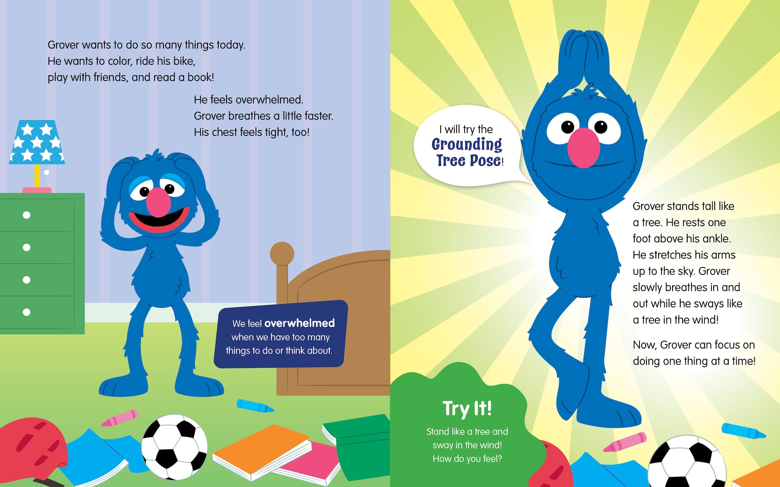 Version 100 – To Speak Online Two-page children’s book spread with Grover the blue monster. Left page shows Grover beside a dresser, with text about wanting to do many activities and breathing. Right page features Grover in a grounding tree pose against a yellow burst background, with a speech bubble reading 'Grounding Tree Pose' and additional text about standing tall and breathing.