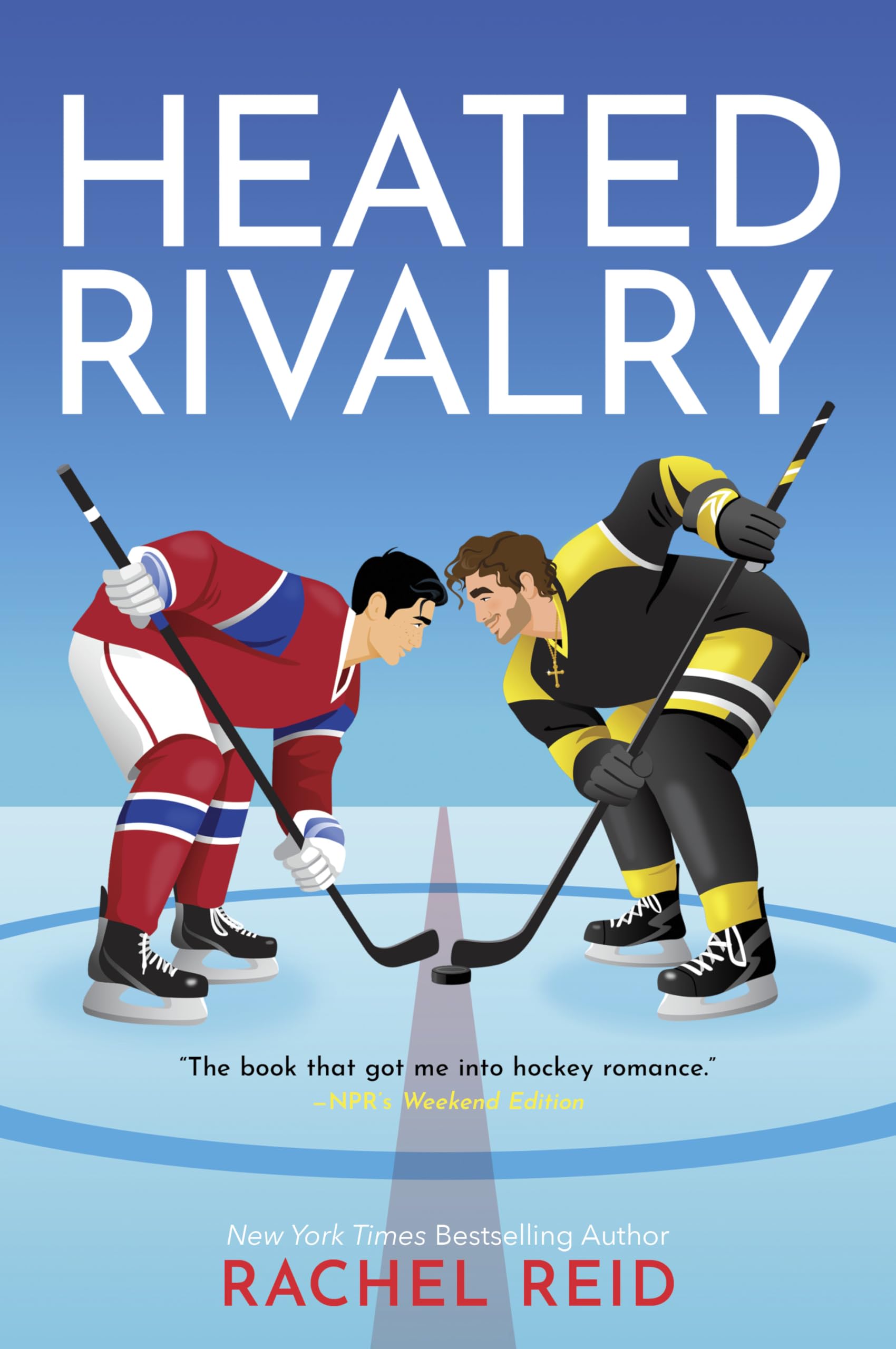 Version 100 – To Speak Online Book cover for 'Heated Rivalry' showing two hockey players bending toward each other on an ice rink; author Rachel Reid appears at the bottom.