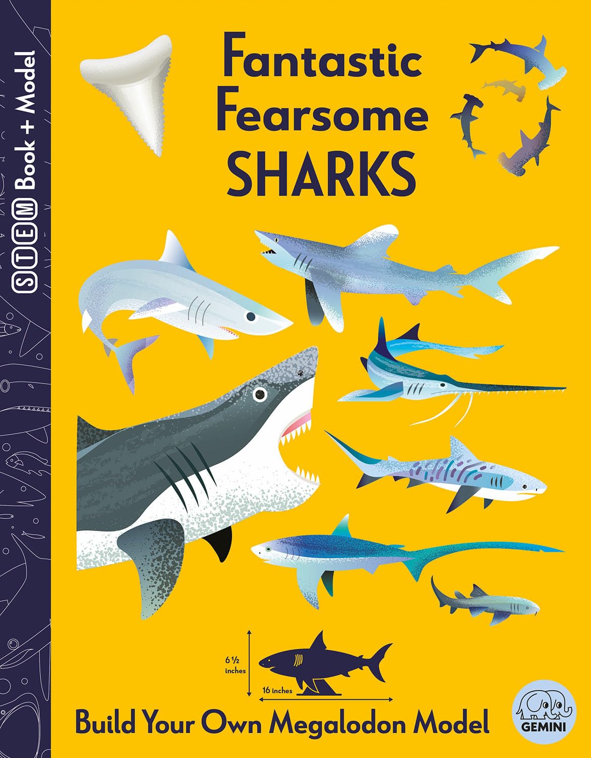 Version 100 – To Speak Online Bright yellow cover featuring illustrated sharks and a white tooth, titled 'Fantastic Fearsome SHARKS' for Build Your Own Megalodon Model.
