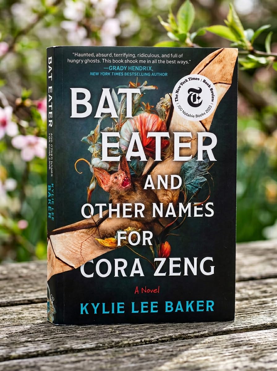 Version 100 – To Speak Online Book cover for 'Bat Eater and Other Names for Cora Zeng' by Kylie Lee Baker, featuring dark floral artwork and a small white seal sticker.