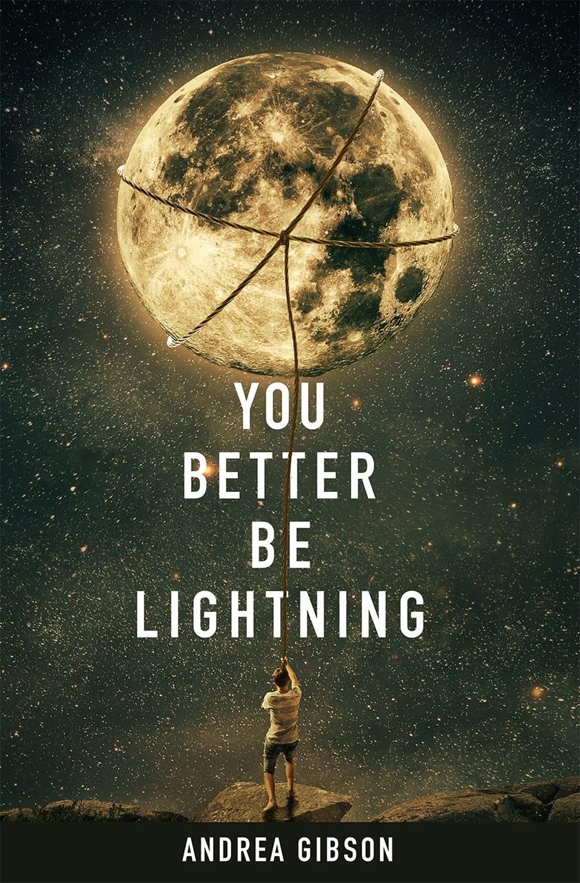 Version 100 – To Speak Online Book cover: a person on a rocky ledge pulls a rope tied to a large moon against a starry sky, with the title You Better Be Lightning by Andrea Gibson.