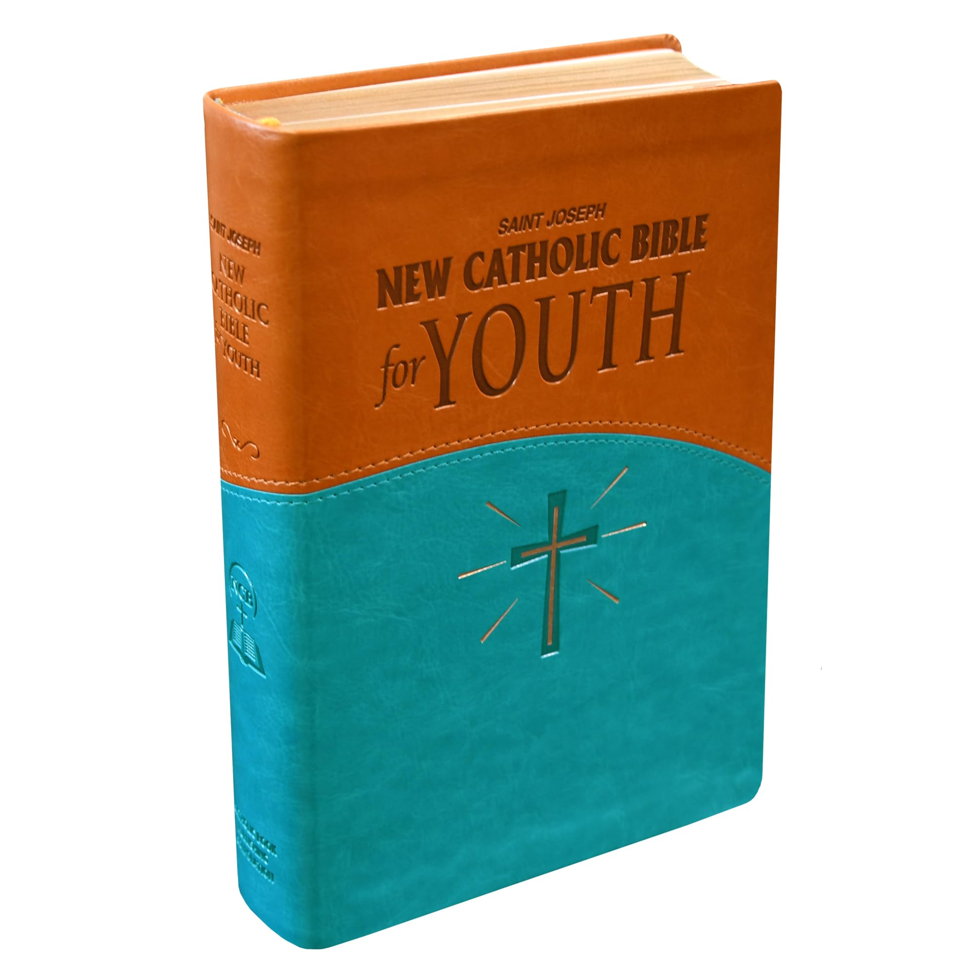 Version 100 – To Speak Online Close-up of an orange-to-teal hardcover Bible for youth, with the title 'New Catholic Bible for Youth' shown on the cover (Saint Joseph).