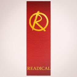 Red vertical banner with a yellow anarchist 'A' encircled, and the word 'RADICAL' in gold at the bottom of the banner.