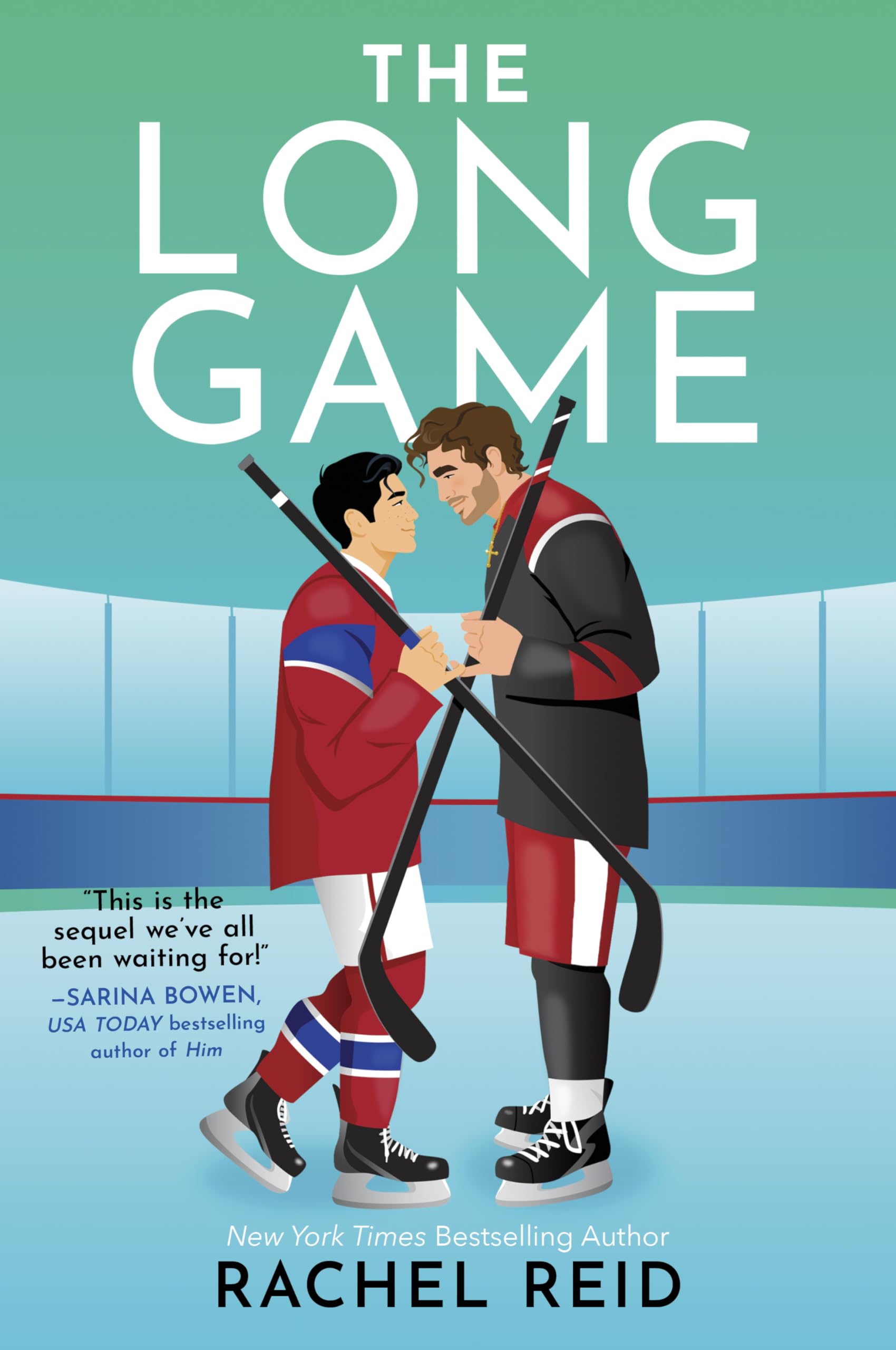 Version 100 – To Speak Online Book cover for The Long Game showing two hockey players facing off with hockey sticks on an ice rink background and teal gradient title area, bold white text The Long Game