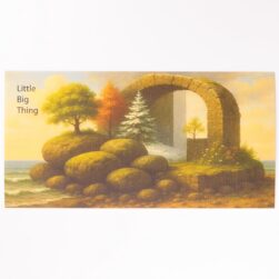 Illustrated coastal scene with a large stone arch and stacked rocks, trees in warm autumn colors, and a calm shoreline; the words 'Little Big Thing' appear on the left.