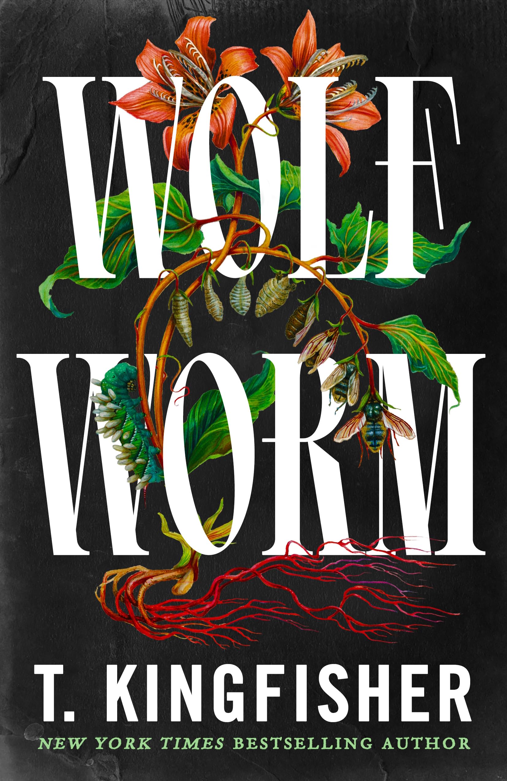 Version 100 – To Speak Online Book cover with large white title text over a black, textured background, intertwined with orange flowers, green leaves, and red roots; author T. Kingfisher.