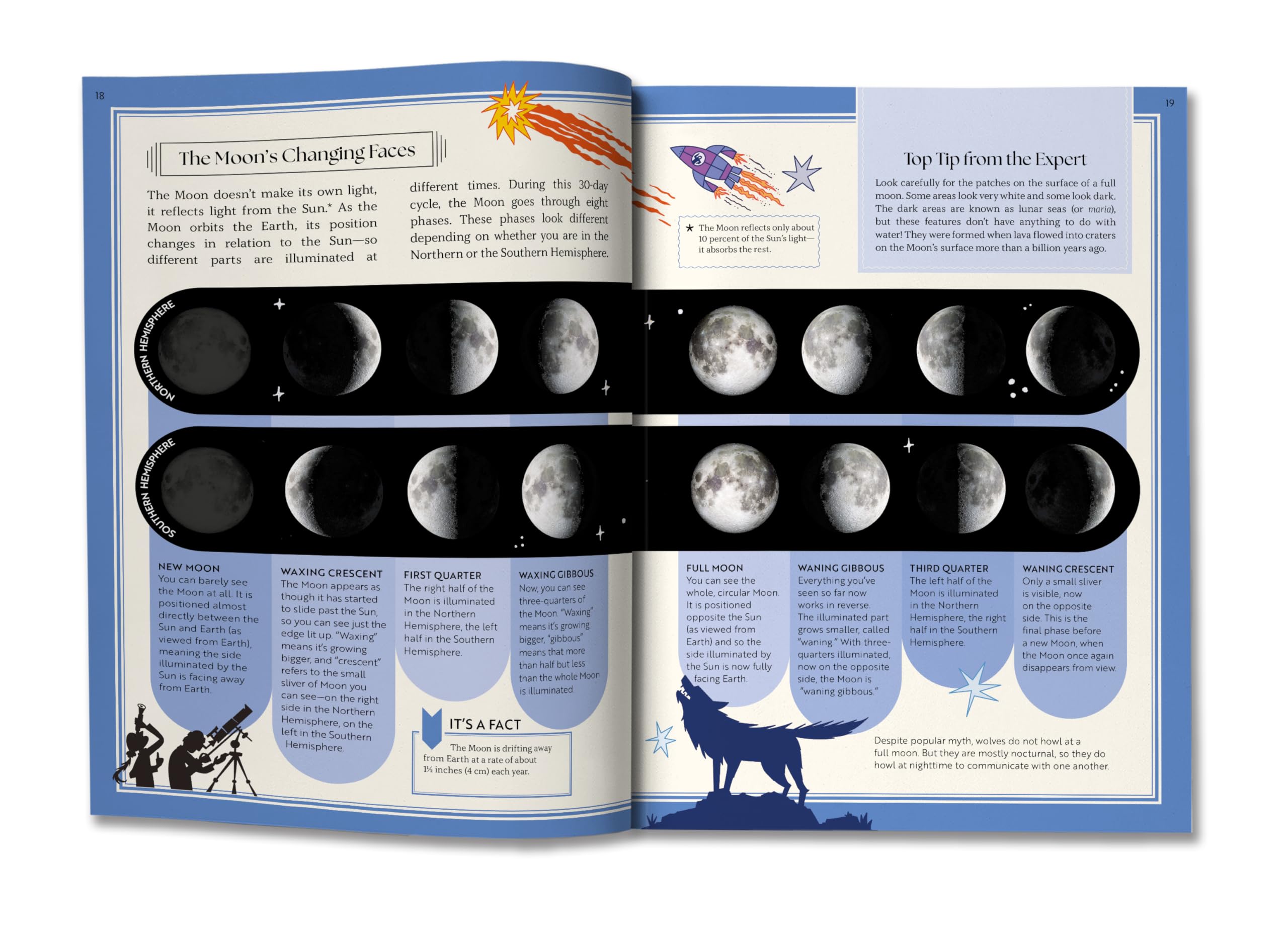 Version 100 – To Speak Online Two-page magazine spread explaining the Moon's phases, with a title panel and a sequence of moon images showing phases alongside text boxes and illustrations in blue-and-white layout.