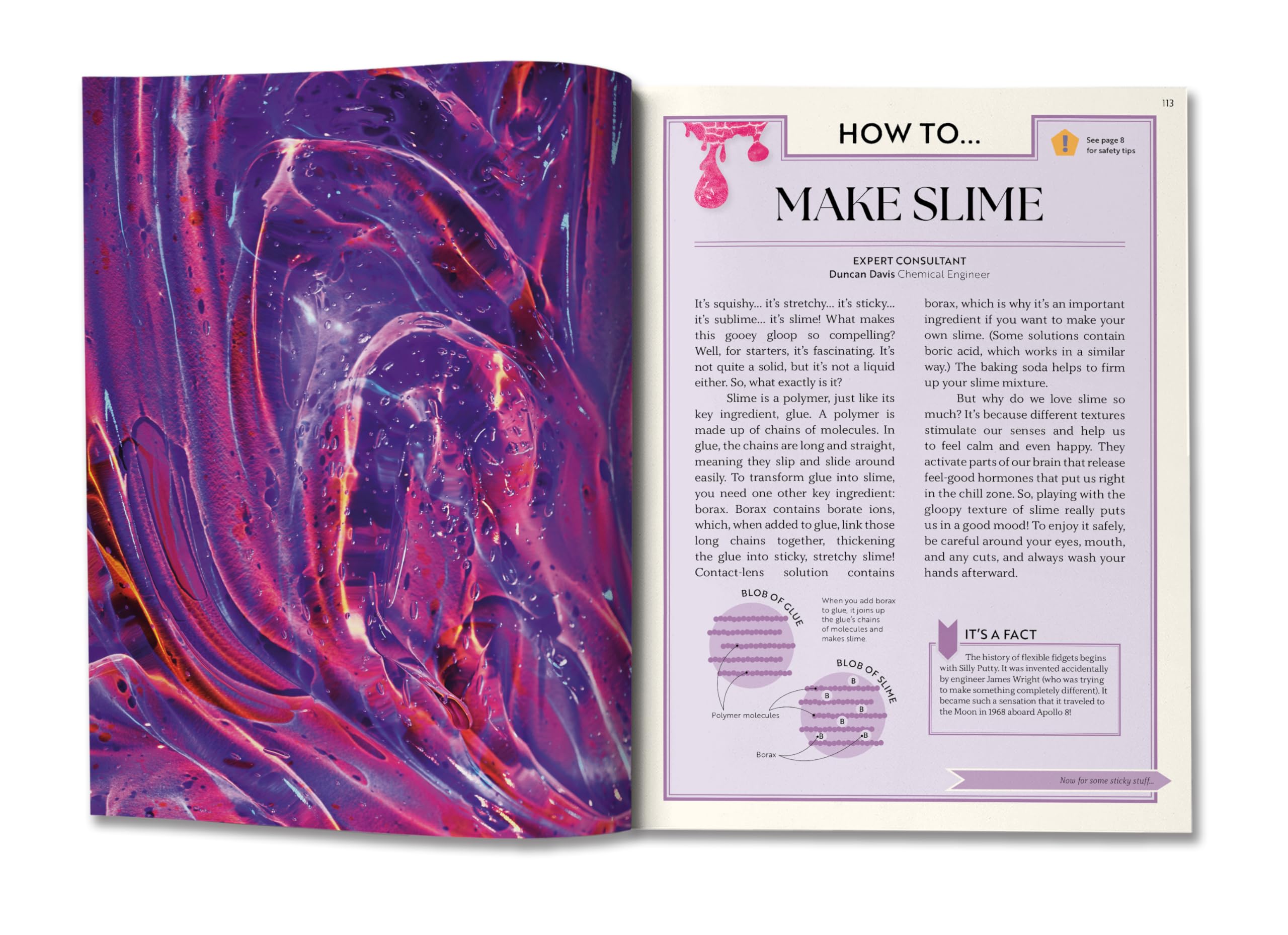 Version 100 – To Speak Online Open book spread: left page shows abstract purple-pink slime art; right page titled 'HOW TO... MAKE SLIME' with article text and a purple border.
